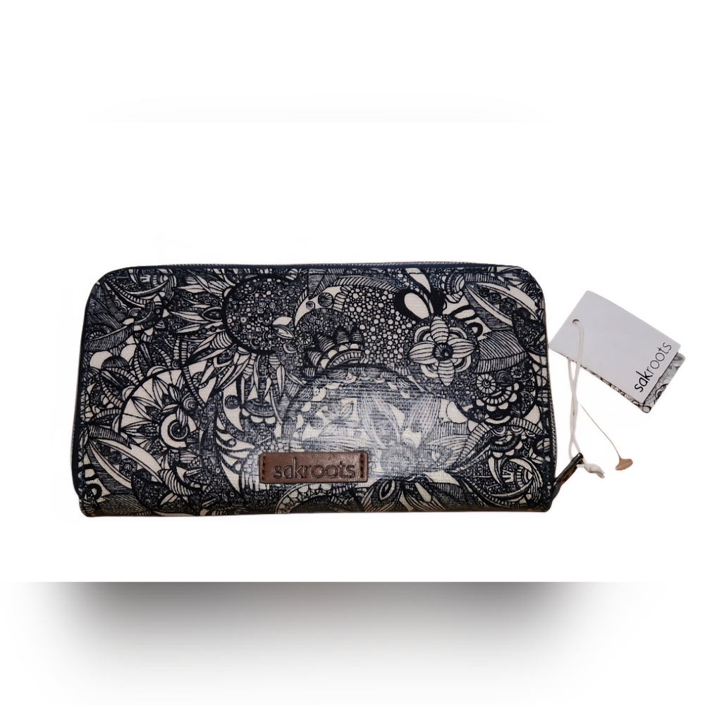 Sakroots Black Floral Doodle Zip Wallet with Brown Logo Patch